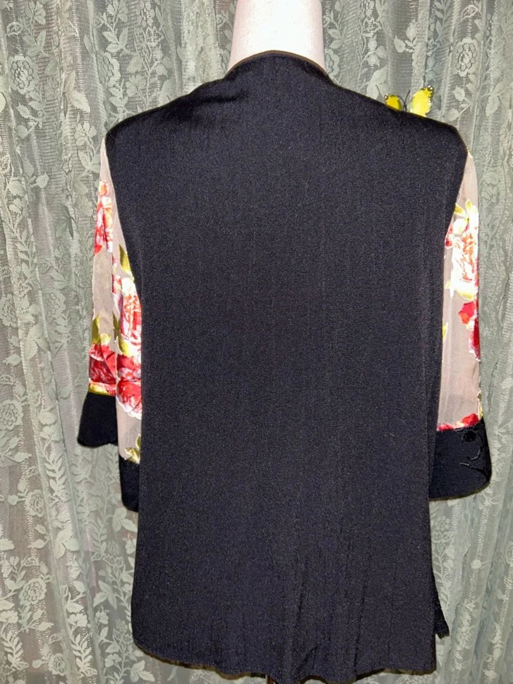 Bohemian Japanese Inspired Floral & Lace Open Front Silk Blend Cardigan Kimono - Picture 3 of 5